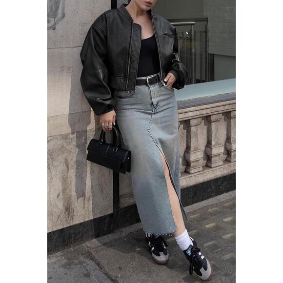 Women Black Faux Leather Cropped Bomber Jacket Baseball Collar Zip Up - Picture 4 of 7